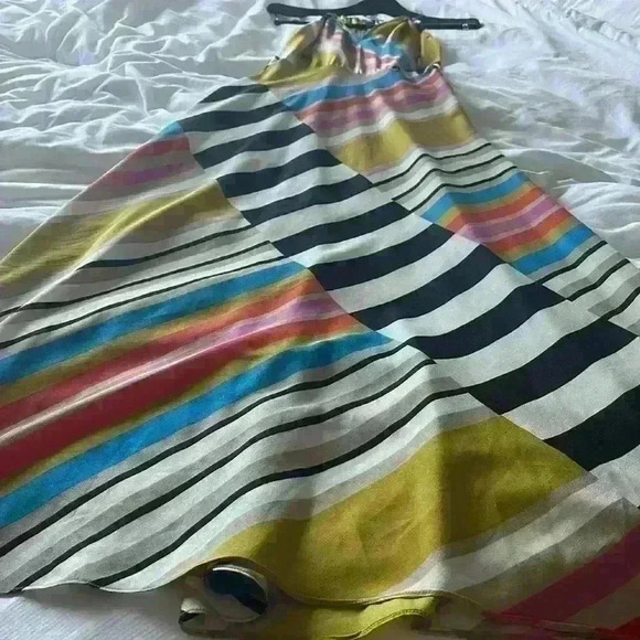 Y2K Vintage Rare Halter Maxi Slip Dress Open Back Flowy Silky Boho Stripe Caché - Picture 3 of 12